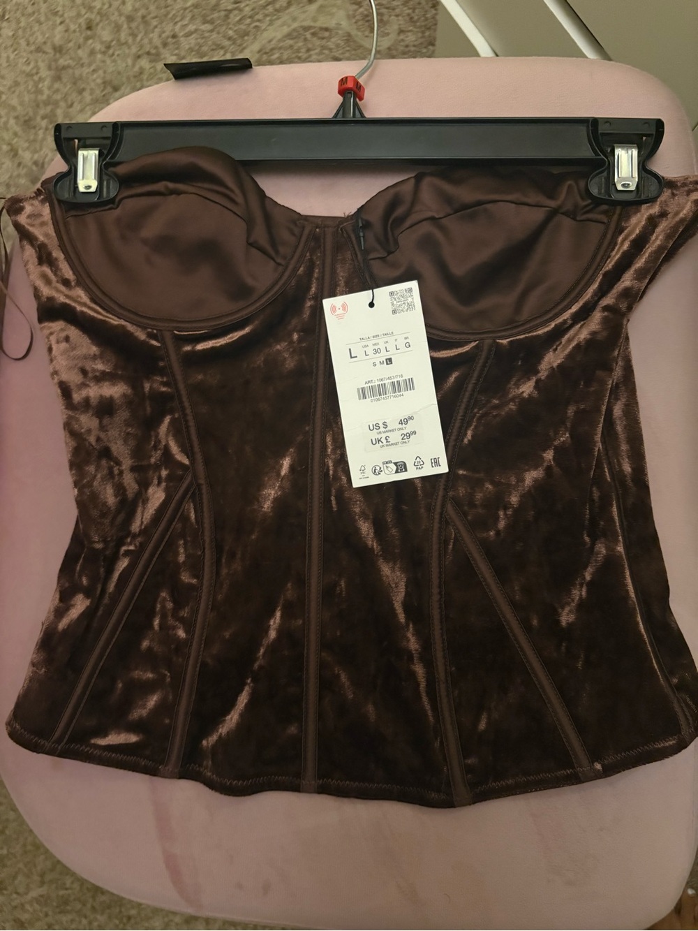 Zara Velvet Strapless Corset Top in Dark Brown